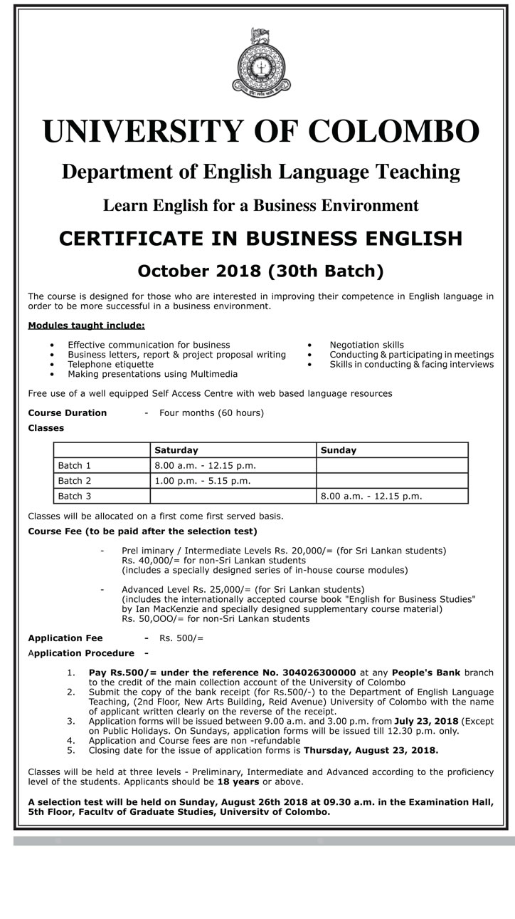 Certificate in Business English - Department of English Language Teaching - University of Colombo